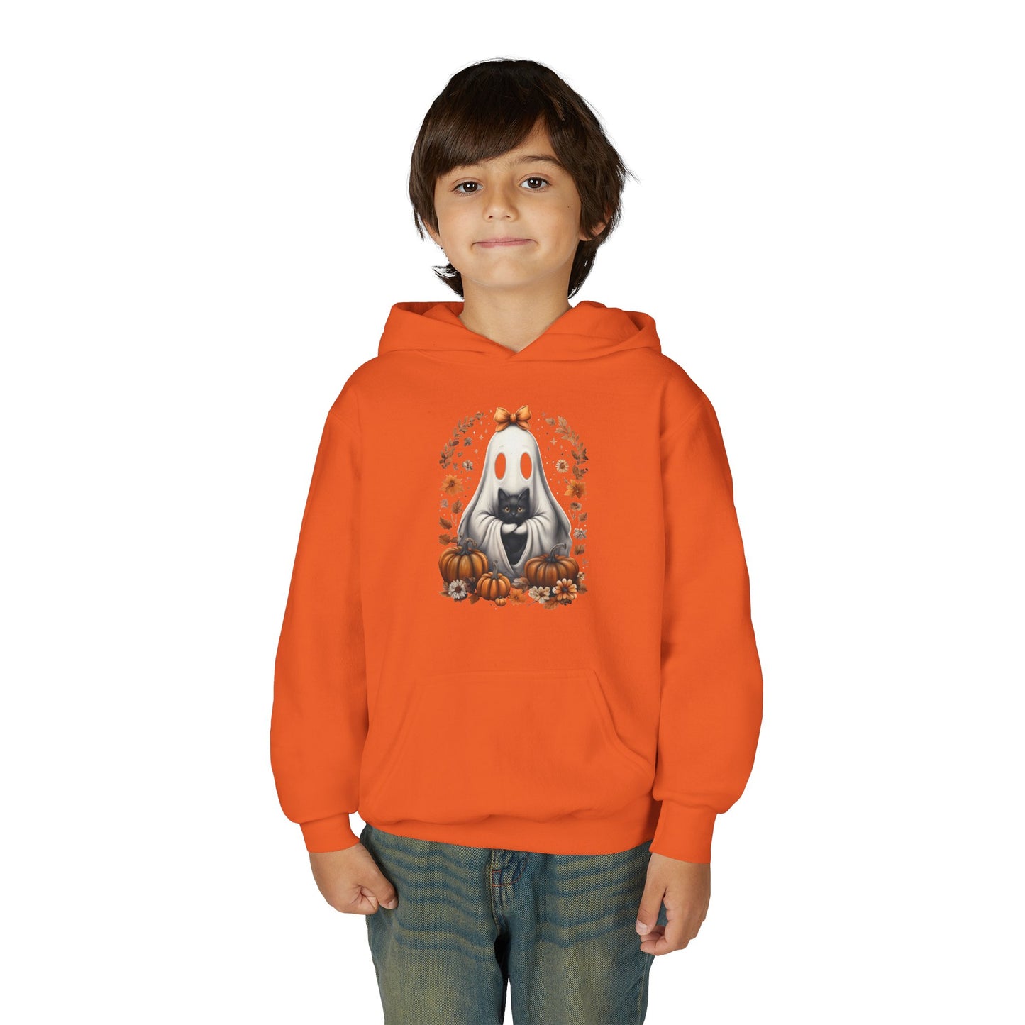 Cute Ghost and Black Cat Halloween T-Shirt | Cozy Fall Pumpkin Shirt | Spooky Season Aesthetic Apparel Gift for Halloween Lovers Kids Hoodie