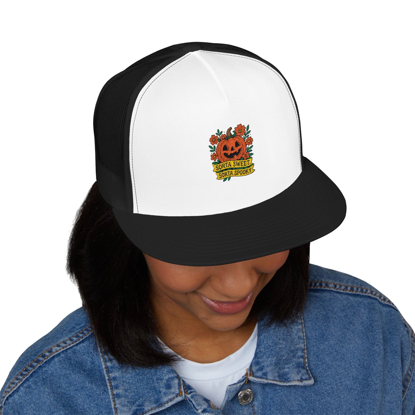 Cute Pumpkin Design – Sorta Sweet, Sorta Spooky Halloween Artwork 5 Panel Trucker