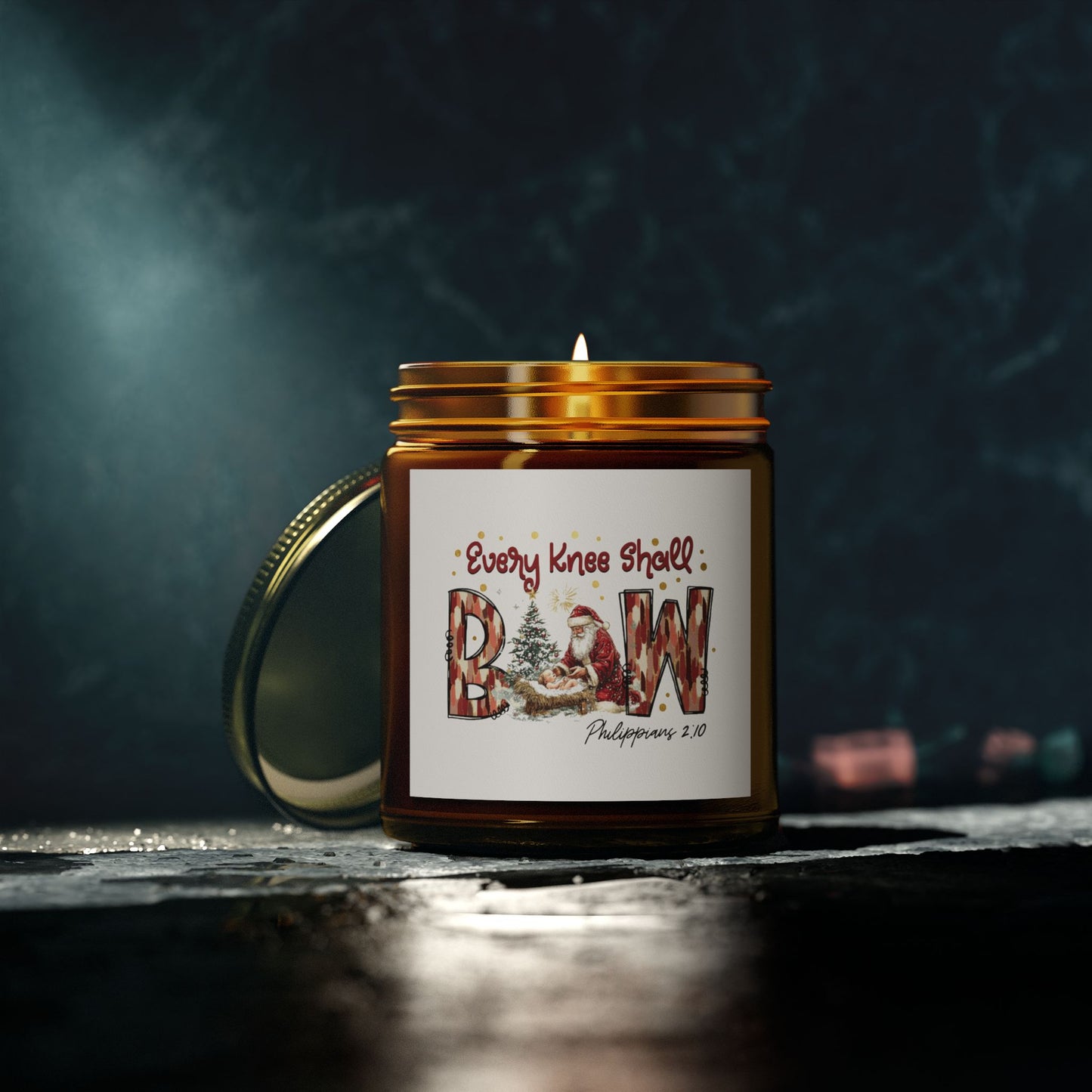 Every Knee Shall Bow Philippians 2:10 | Christian Christmas Design with Santa & Baby Jesus | Faith-Based Holiday Gift Candle