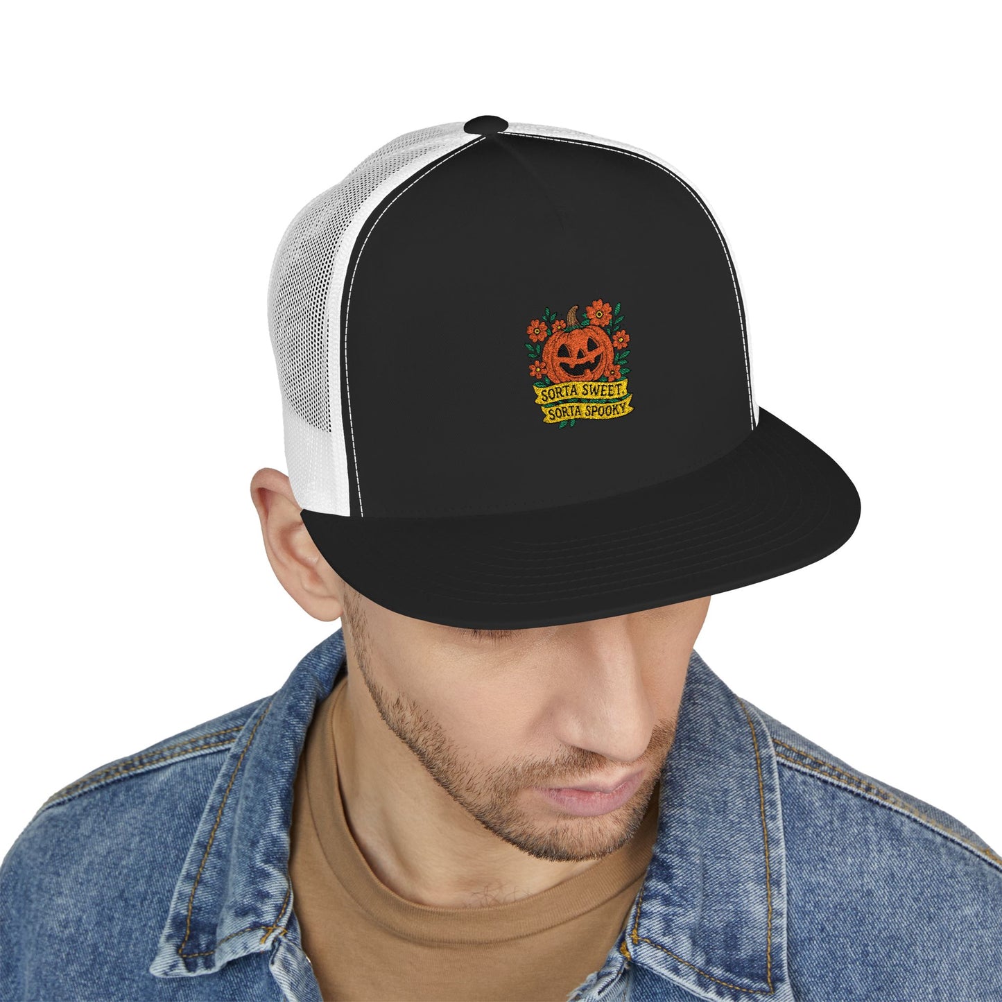 Cute Pumpkin Design – Sorta Sweet, Sorta Spooky Halloween Artwork 5 Panel Trucker
