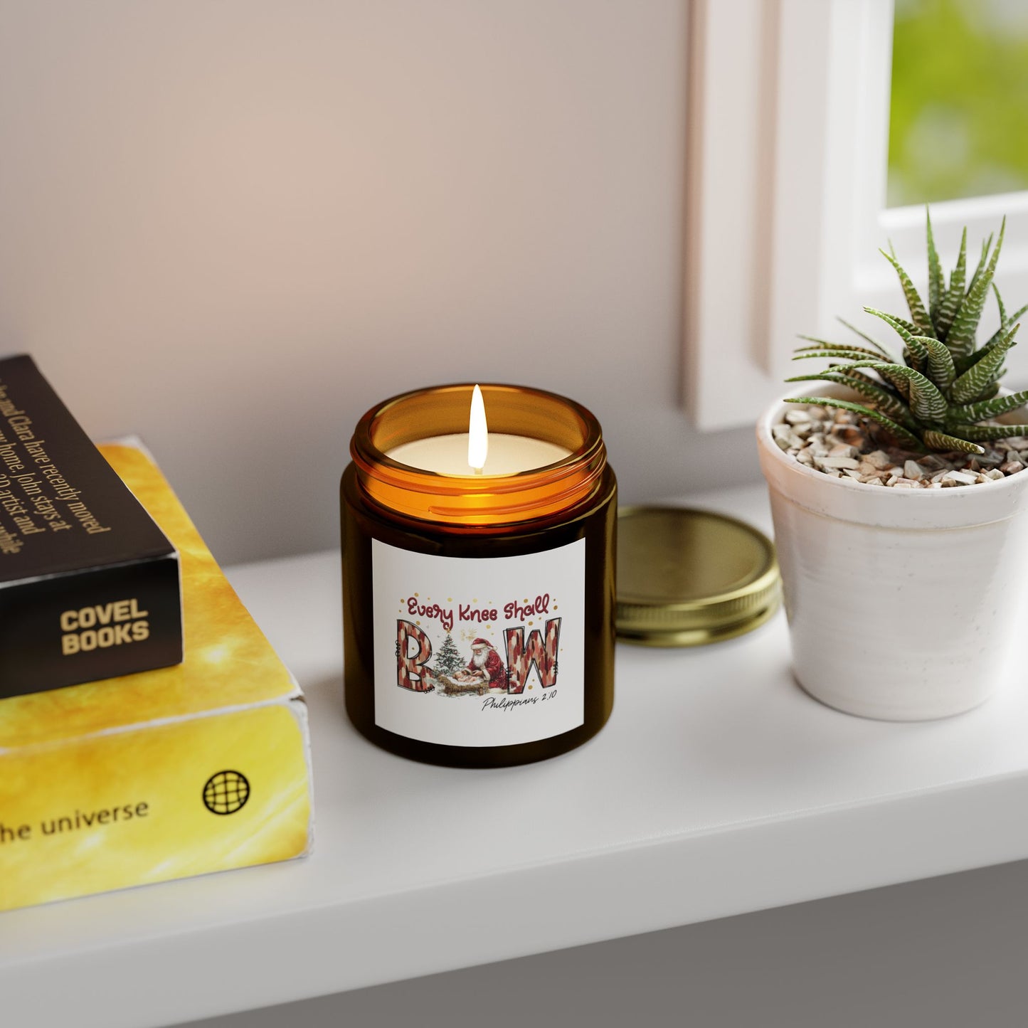 Every Knee Shall Bow Philippians 2:10 | Christian Christmas Design with Santa & Baby Jesus | Faith-Based Holiday Gift Candle