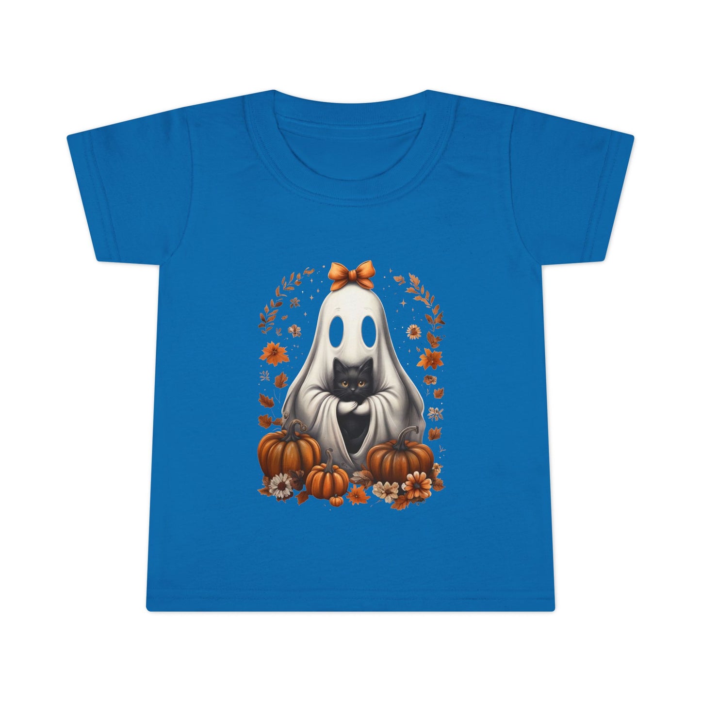 Cute Ghost and Black Cat Halloween T-Shirt | Cozy Fall Pumpkin Shirt | Spooky Season Aesthetic Apparel Gift for Halloween Lovers Toddler T-Shirt