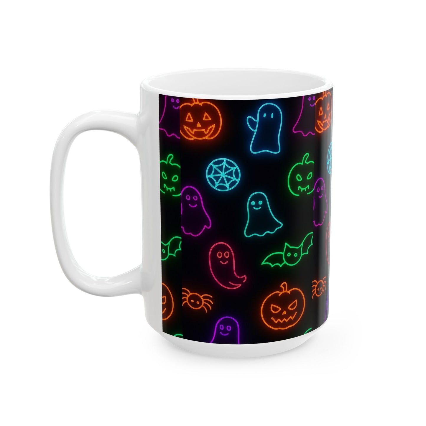 Neon Halloween Pattern | Cute Ghosts, Pumpkins & Bats Glow Design Ceramic Mug