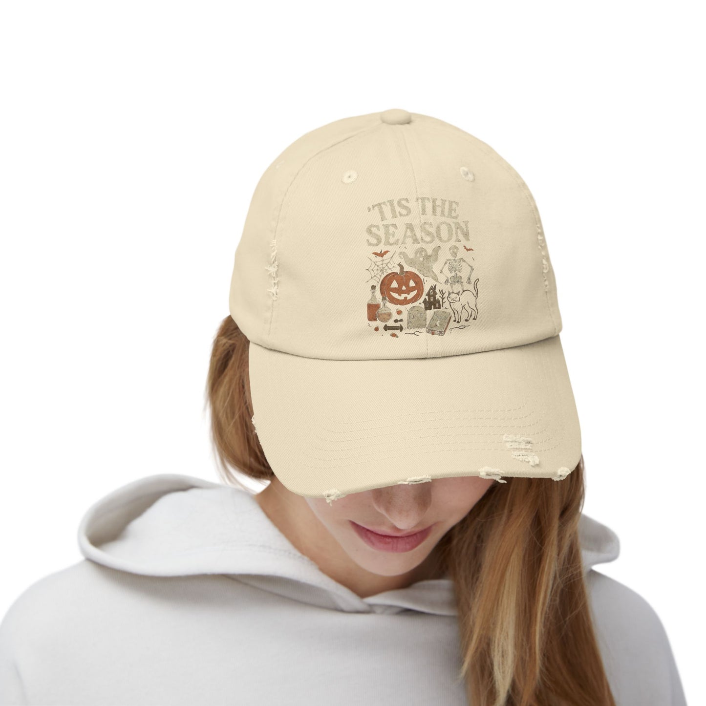 ‘Tis the Season Halloween  | Vintage Spooky Season Shirt with Ghost, Skeleton & Pumpkin | Retro Halloween Graphic Tee for Fall Distressed cap