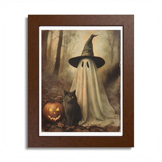 Halloween Framed Poster, Ghost and Cat Art, Spooky Home Decor, Fall Decoration, Trick or Treat, Halloween Wall Art, Framed Print
