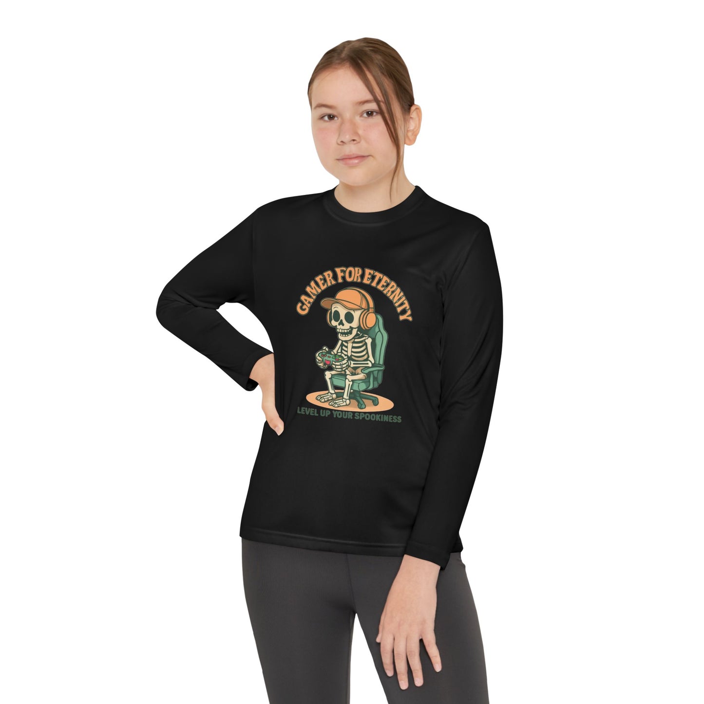 Youth Long Sleeve Gamer Tee | Spooky Skeleton Theme, Perfect for Halloween or Gaming Events, Kids Graphic Shirt, Unisex Casual Wear, Kids Long Sleeves