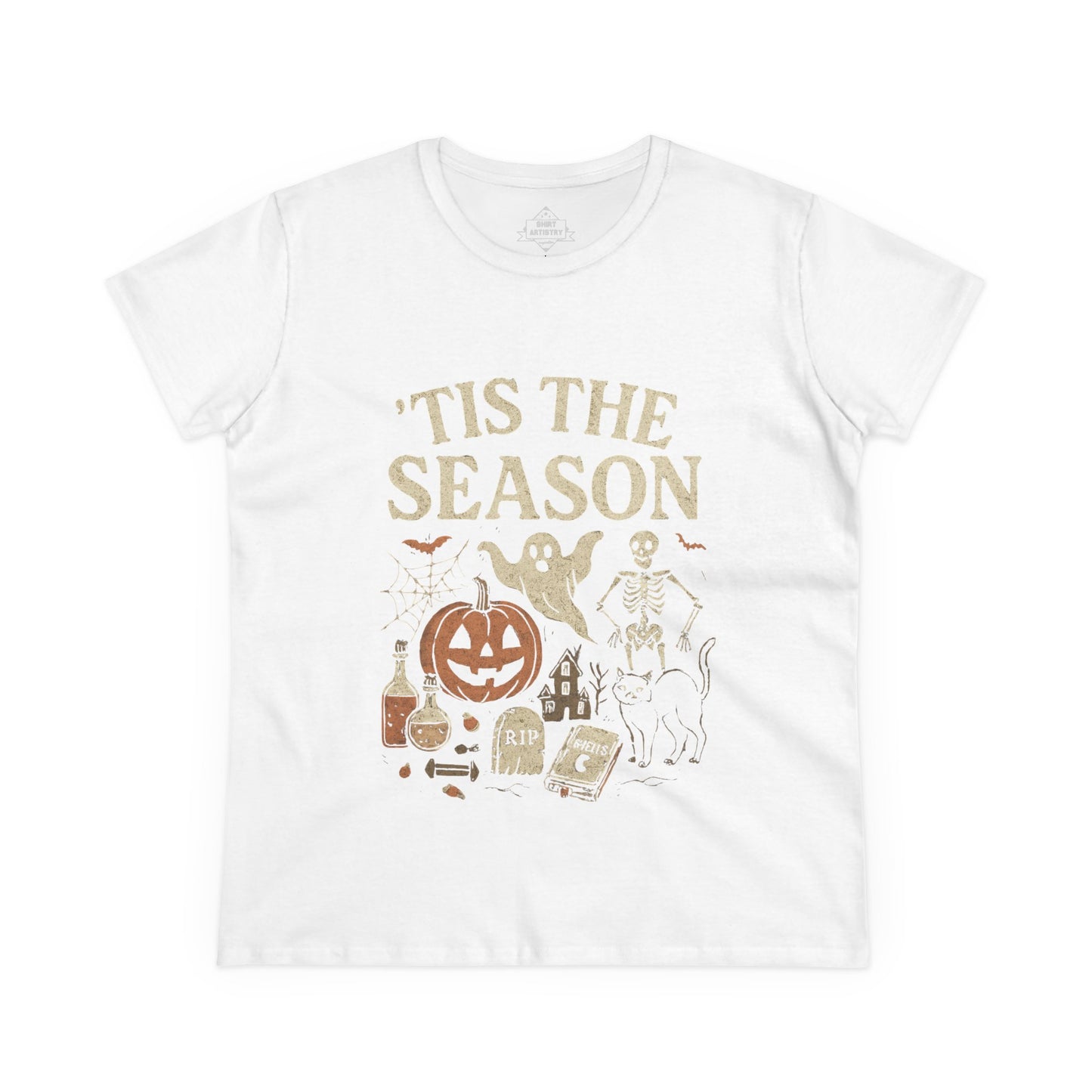 ‘Tis the Season Halloween T‑Shirt | Vintage Spooky Season Shirt with Ghost, Skeleton & Pumpkin | Retro Halloween Graphic Tee for Fall