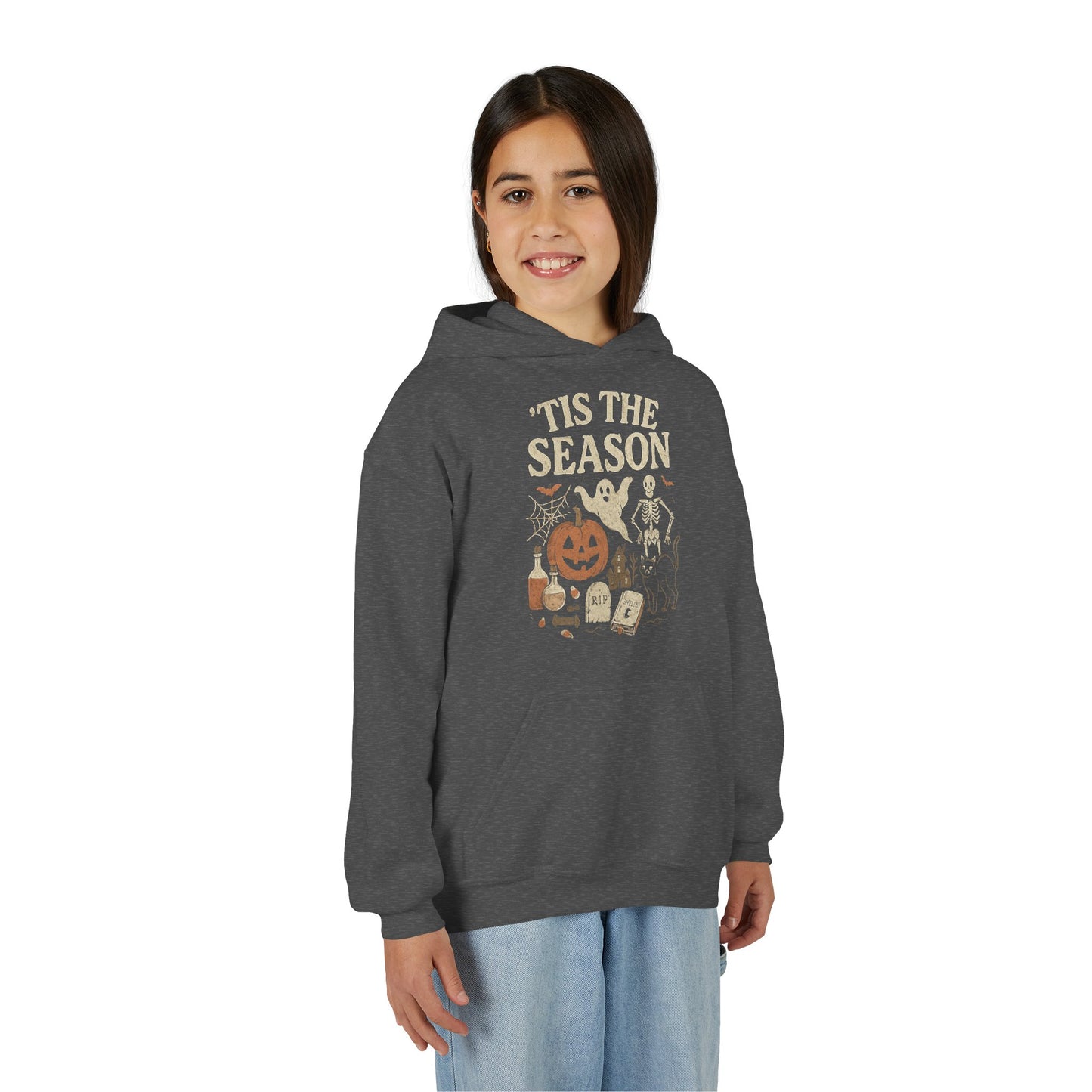 ‘Tis the Season Halloween  | Vintage Spooky Season Shirt with Ghost, Skeleton & Pumpkin | Retro Halloween Graphic Tee for Fall Kids Hoodie