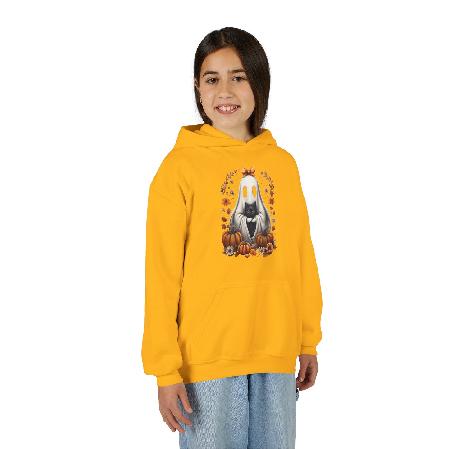 Cute Ghost and Black Cat Halloween T-Shirt | Cozy Fall Pumpkin Shirt | Spooky Season Aesthetic Apparel Gift for Halloween Lovers Kids Hoodie