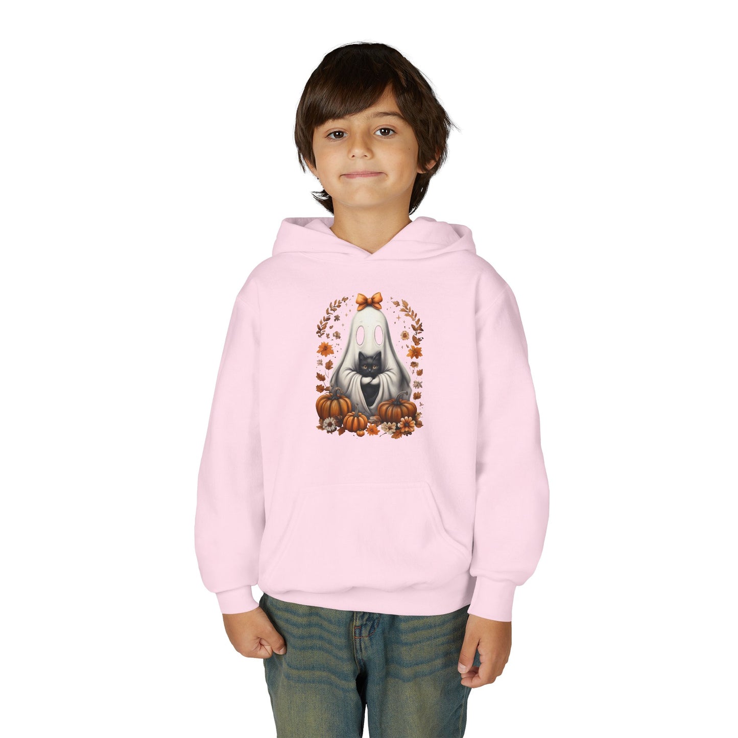 Cute Ghost and Black Cat Halloween T-Shirt | Cozy Fall Pumpkin Shirt | Spooky Season Aesthetic Apparel Gift for Halloween Lovers Kids Hoodie