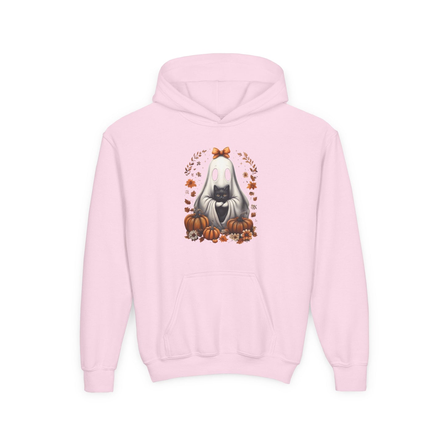 Cute Ghost and Black Cat Halloween T-Shirt | Cozy Fall Pumpkin Shirt | Spooky Season Aesthetic Apparel Gift for Halloween Lovers Kids Hoodie