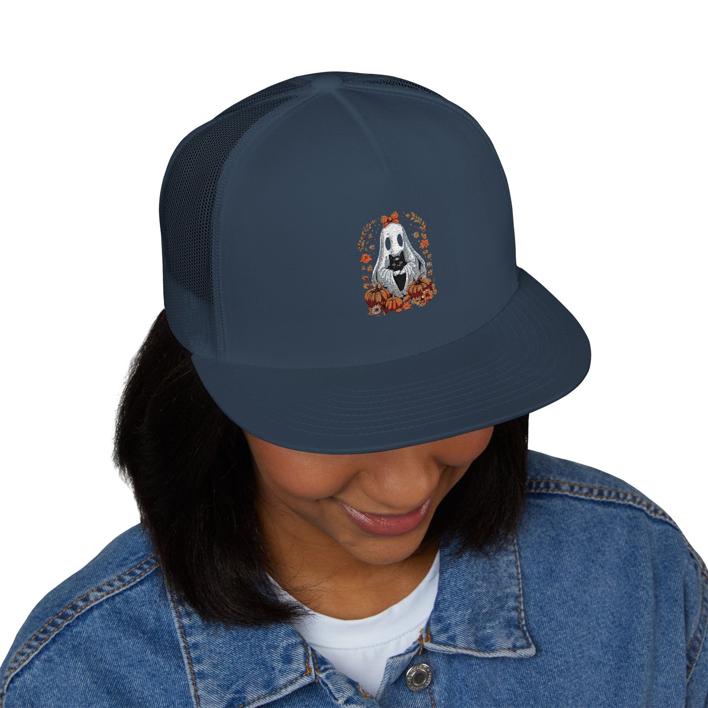 Cute Ghost and Black Cat Halloween T-Shirt | Cozy Fall Pumpkin Shirt | Spooky Season Aesthetic Apparel Gift for Halloween Lovers 5 Panel Trucker