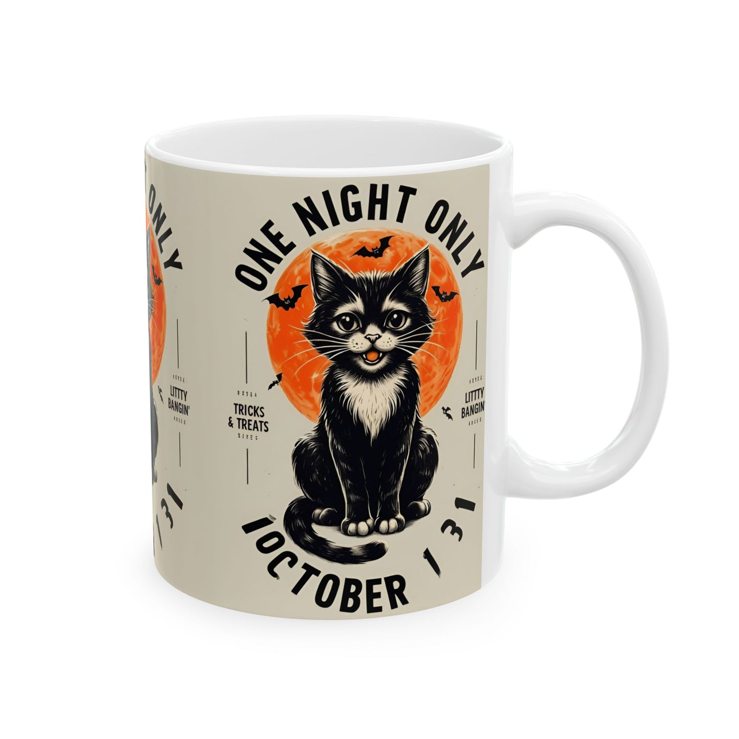 Halloween Black Cat Design | One Night Only October 31 Vintage Artwork Ceramic Mug