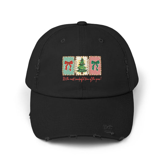 Festive Christmas Tree & Bow Design | It’s the Most Wonderful Time of the Year – Holiday Shirt, Mug, Tote & Home Decor Distressed cap