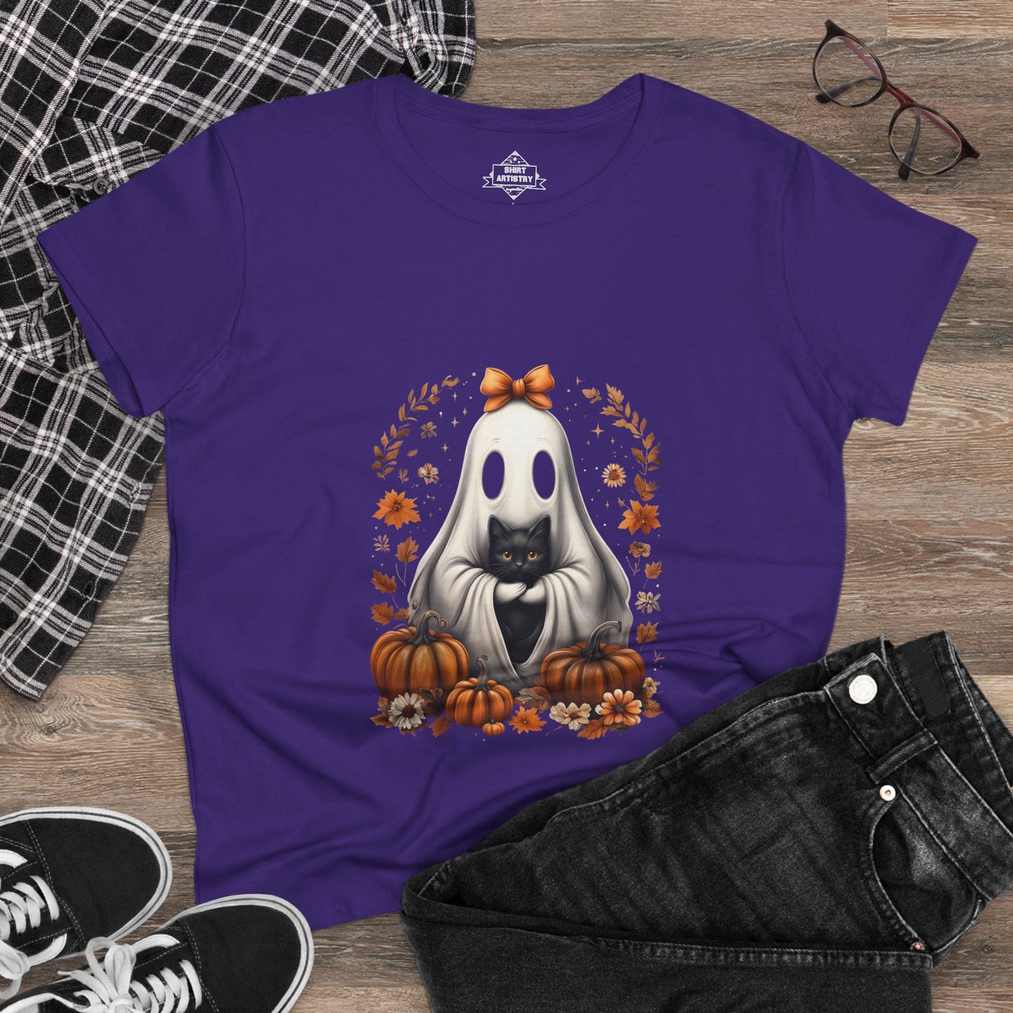 Cute Ghost and Black Cat Halloween T-Shirt | Cozy Fall Pumpkin Shirt | Spooky Season Aesthetic Apparel Gift for Halloween Lovers