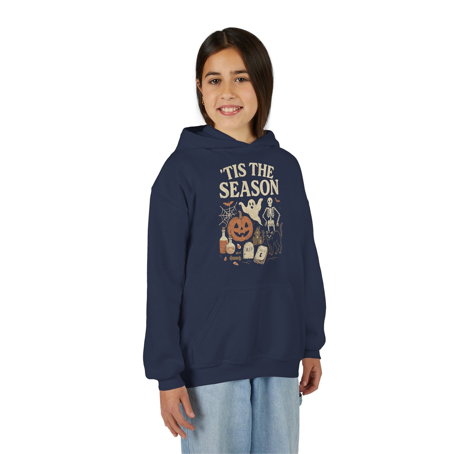 ‘Tis the Season Halloween  | Vintage Spooky Season Shirt with Ghost, Skeleton & Pumpkin | Retro Halloween Graphic Tee for Fall Kids Hoodie