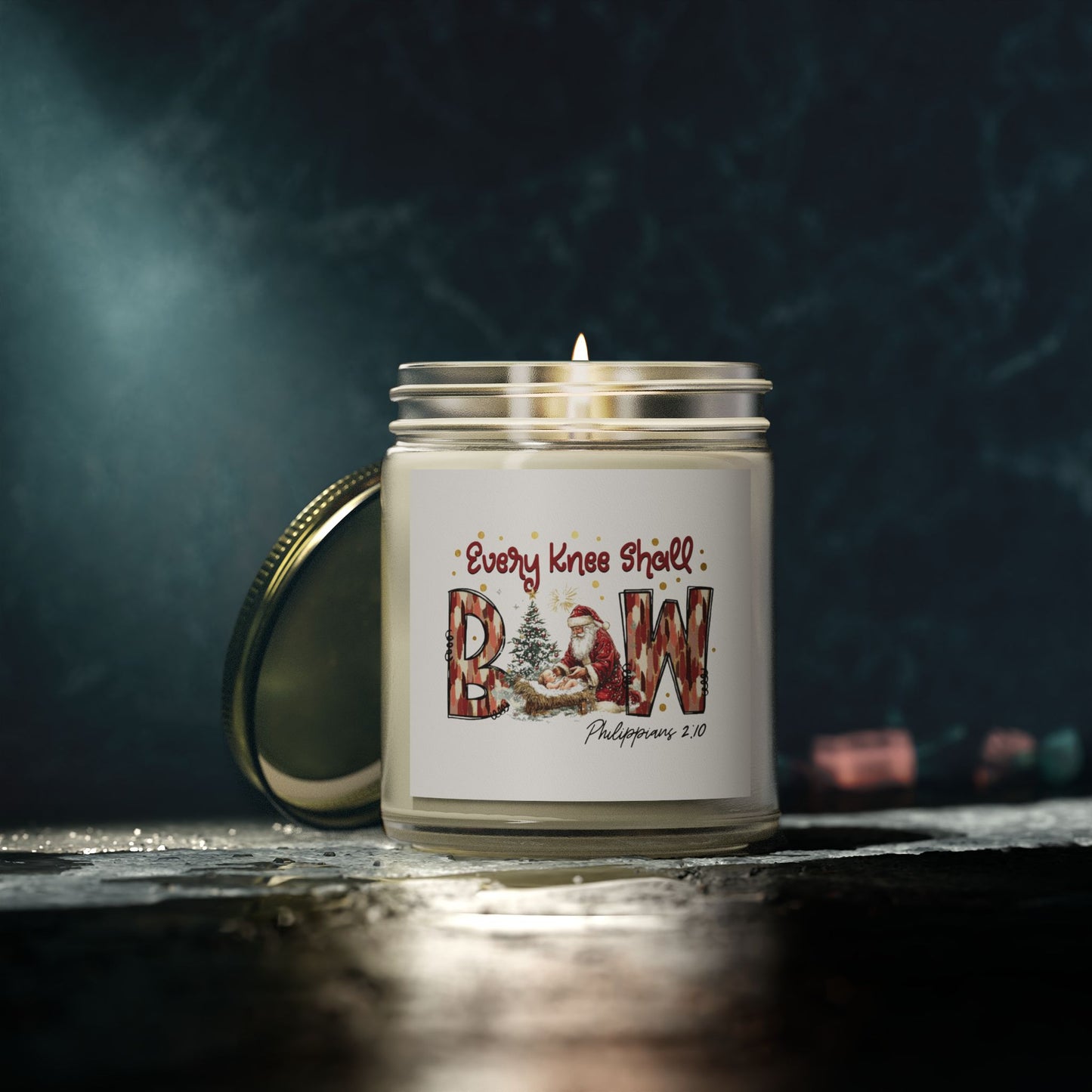 Every Knee Shall Bow Philippians 2:10 | Christian Christmas Design with Santa & Baby Jesus | Faith-Based Holiday Gift Candle