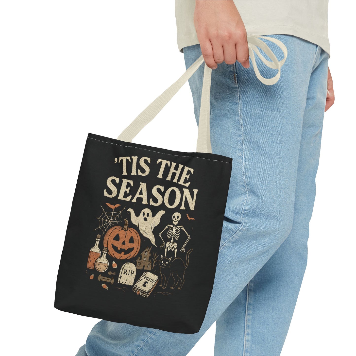 'Tis the Season Halloween Tote Bag, Spooky Bag, Trick or Treat Bag, Autumn Accessories, Ghost & Pumpkin Design Tote Bags