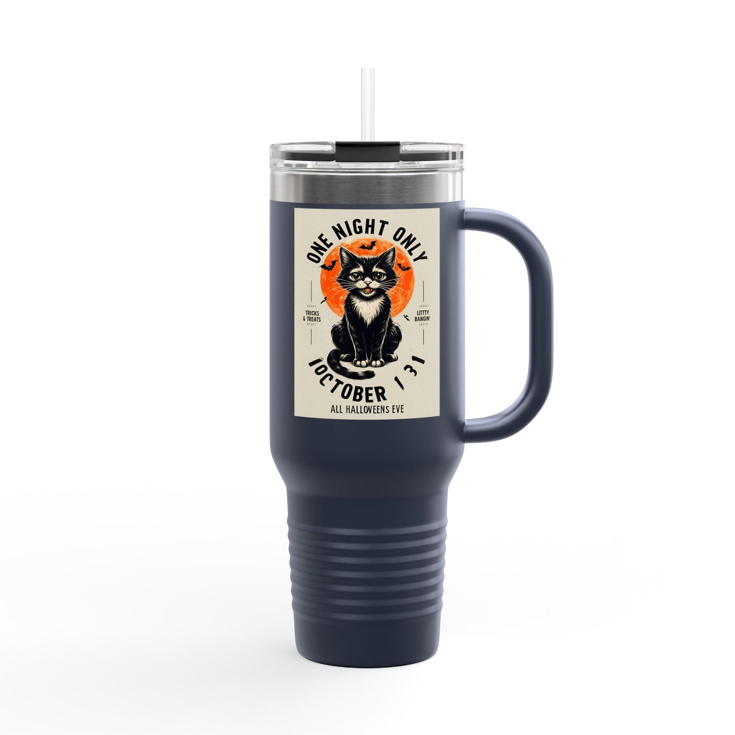 Halloween Black Cat Design | One Night Only October 31 Vintage Artwork Travel Mug