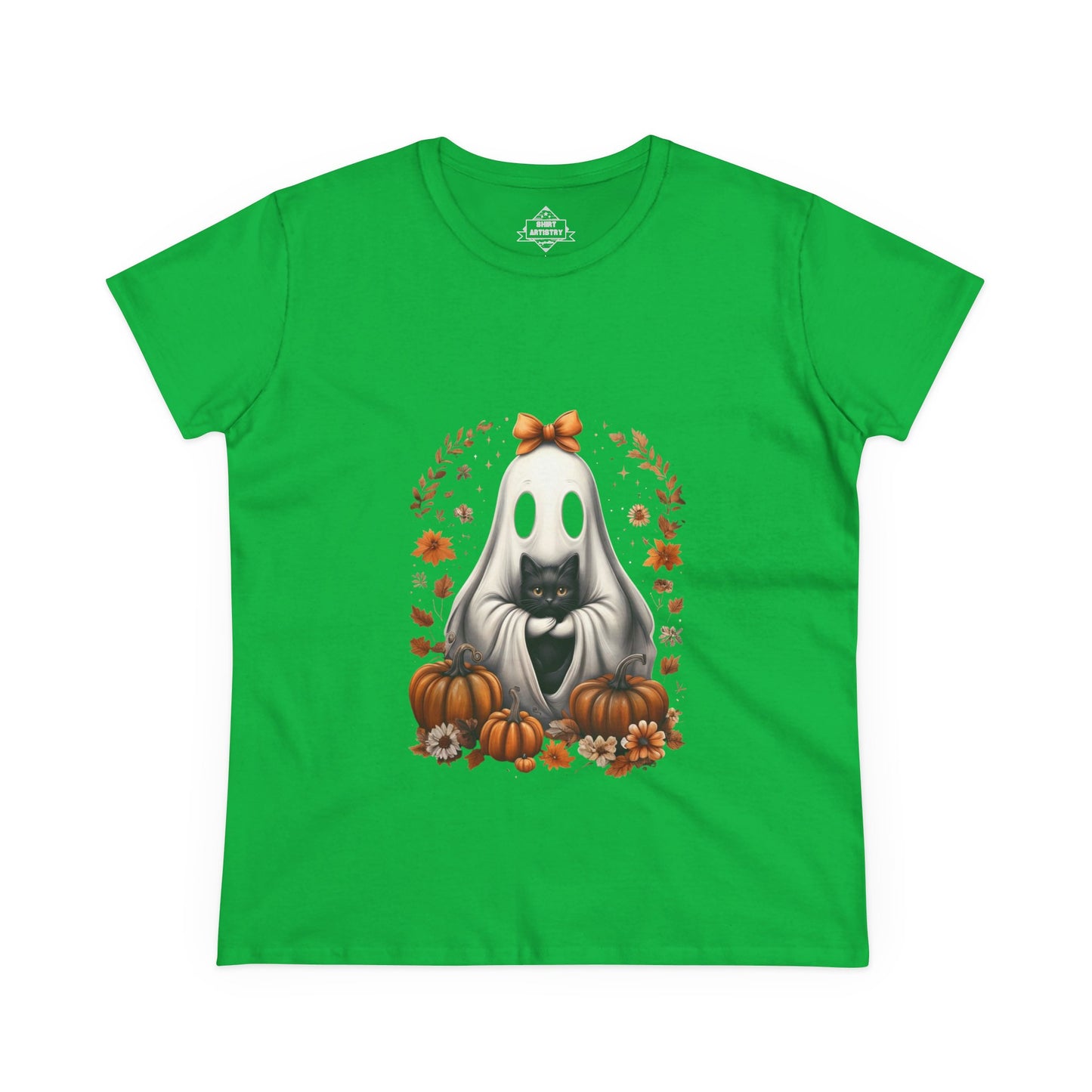 Cute Ghost and Black Cat Halloween T-Shirt | Cozy Fall Pumpkin Shirt | Spooky Season Aesthetic Apparel Gift for Halloween Lovers