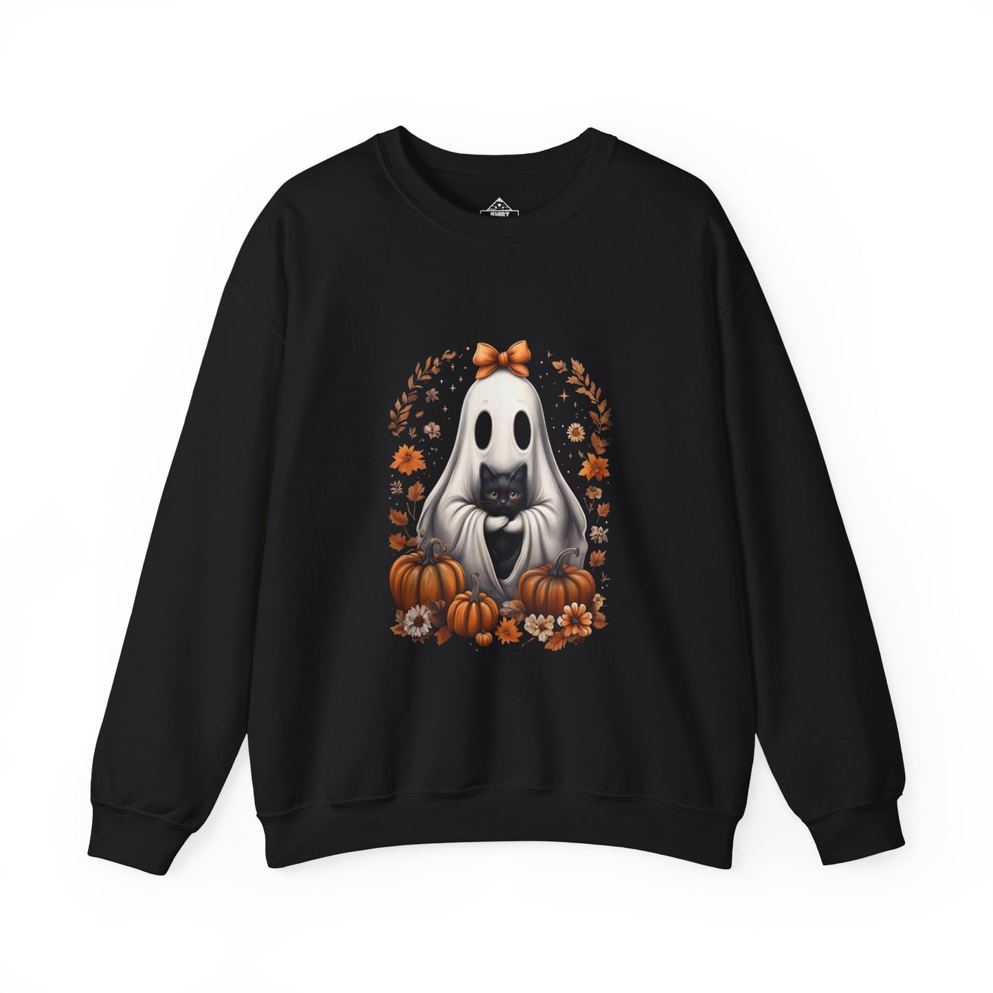 Cute Ghost and Black Cat Halloween T-Shirt | Cozy Fall Pumpkin Shirt | Spooky Season Aesthetic Apparel Gift for Halloween Lovers