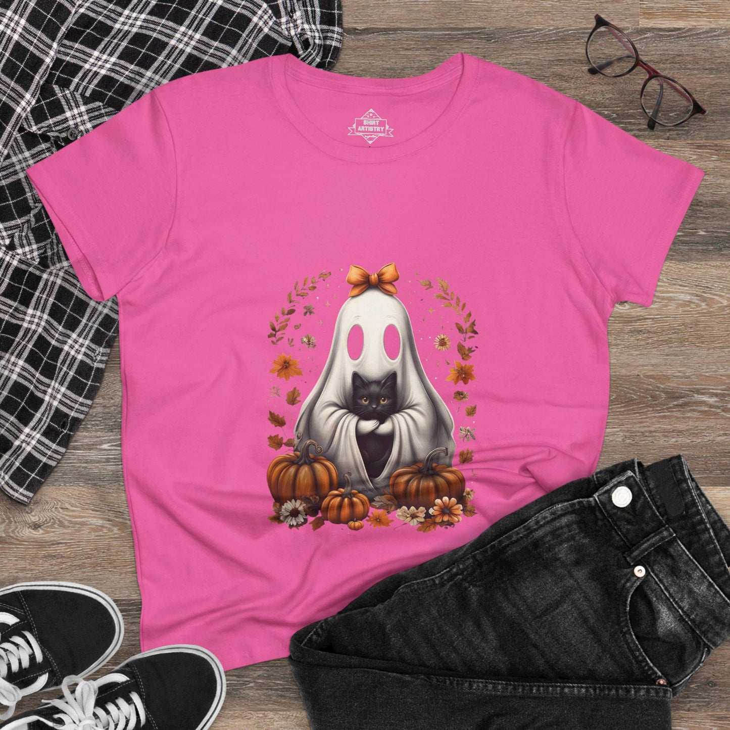 Cute Ghost and Black Cat Halloween T-Shirt | Cozy Fall Pumpkin Shirt | Spooky Season Aesthetic Apparel Gift for Halloween Lovers