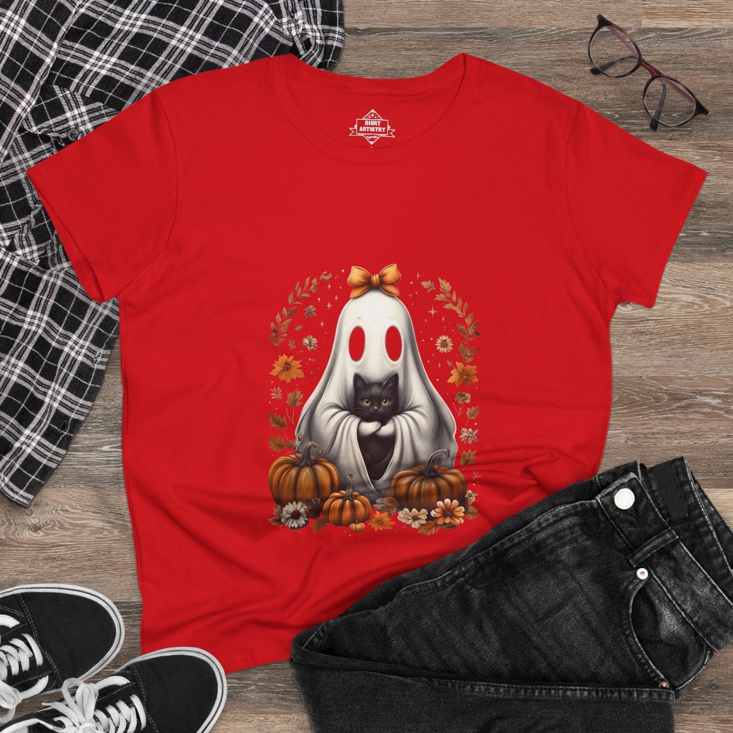 Cute Ghost and Black Cat Halloween T-Shirt | Cozy Fall Pumpkin Shirt | Spooky Season Aesthetic Apparel Gift for Halloween Lovers