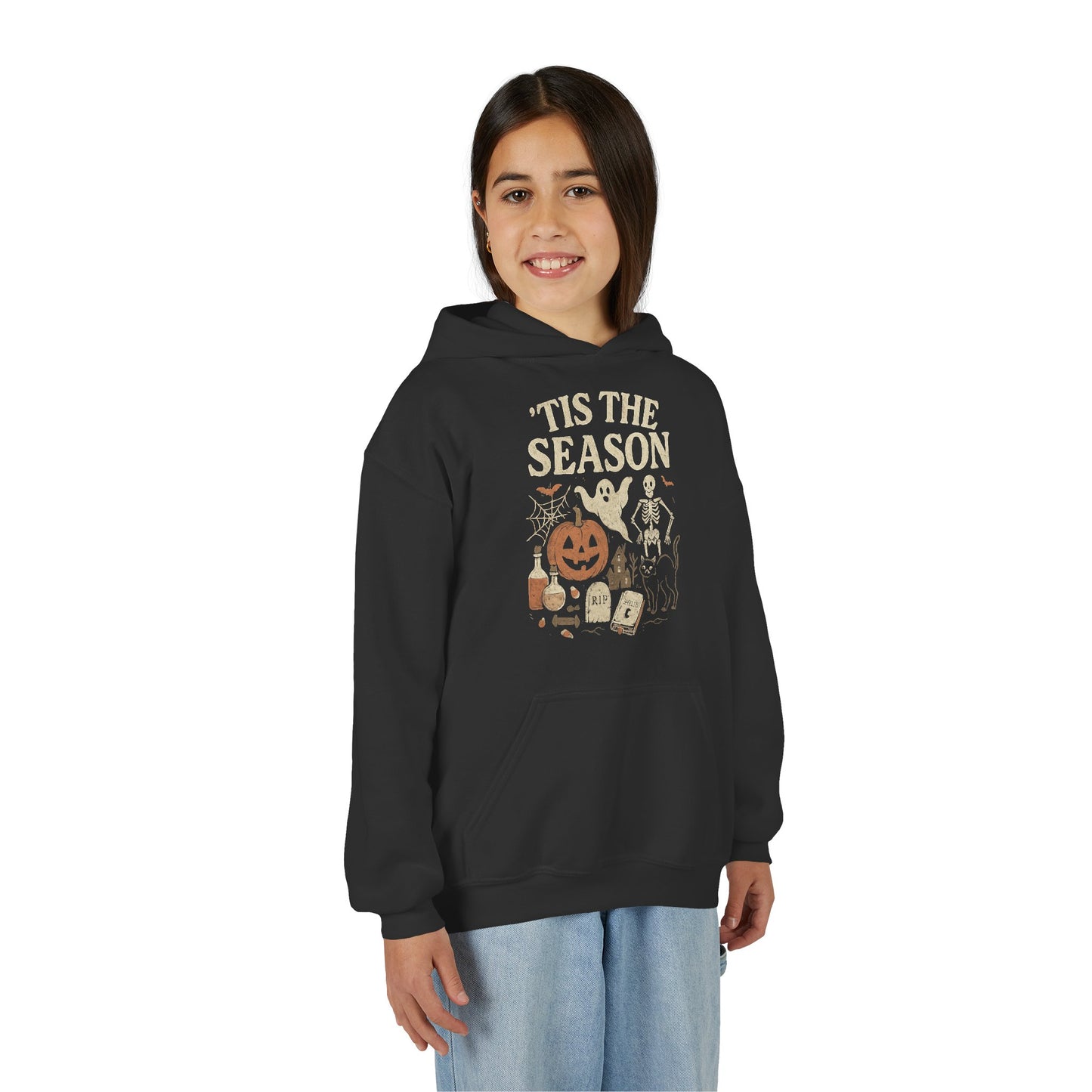 ‘Tis the Season Halloween  | Vintage Spooky Season Shirt with Ghost, Skeleton & Pumpkin | Retro Halloween Graphic Tee for Fall Kids Hoodie