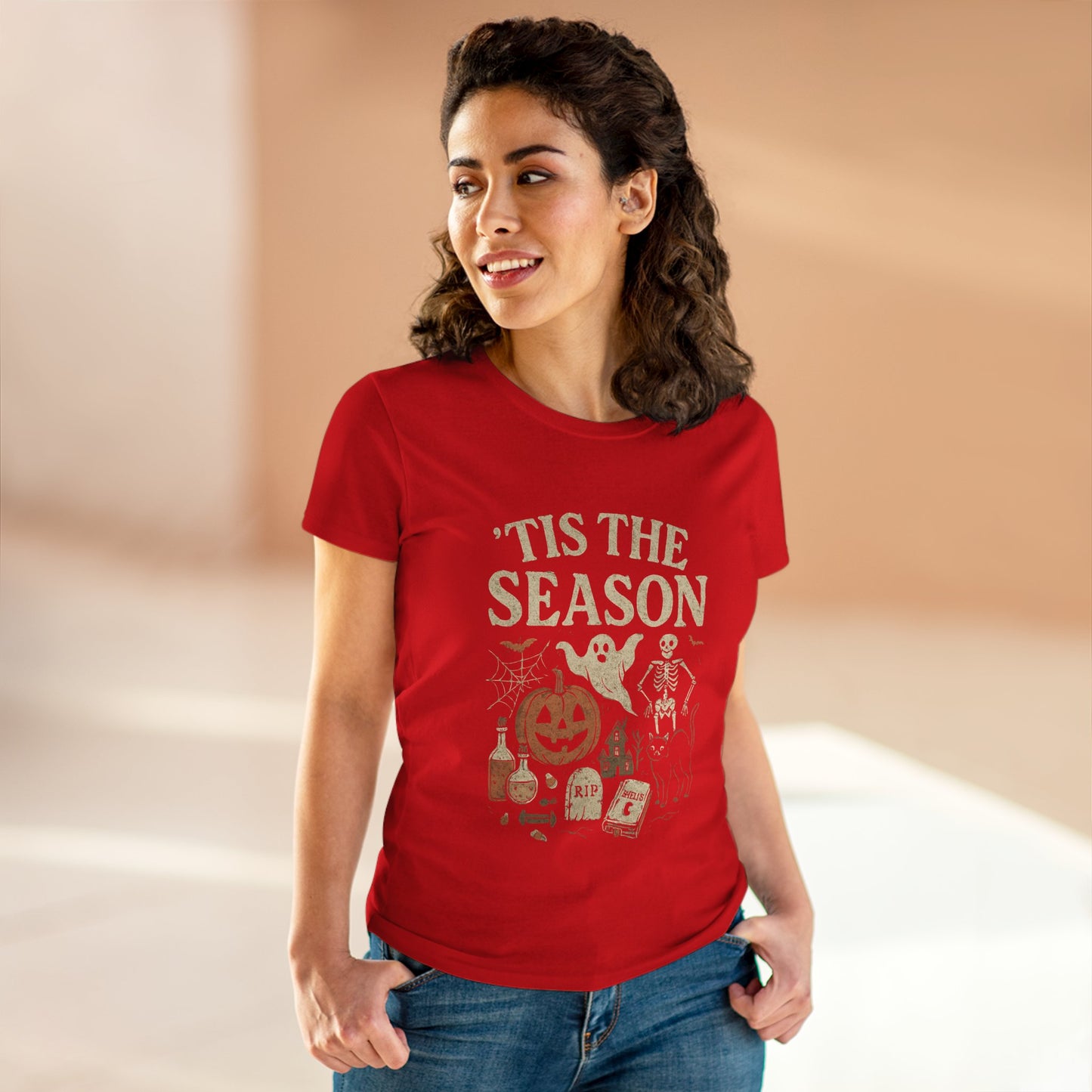 ‘Tis the Season Halloween T‑Shirt | Vintage Spooky Season Shirt with Ghost, Skeleton & Pumpkin | Retro Halloween Graphic Tee for Fall