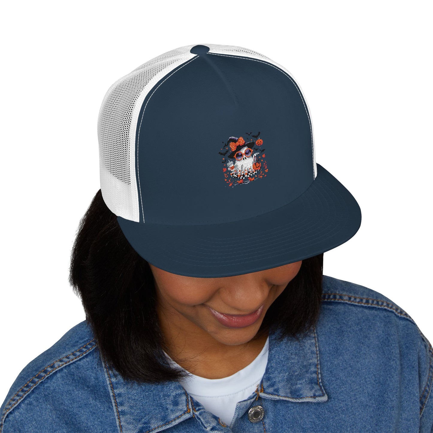 Cute Halloween Ghost T-Shirt | Trendy Witch Ghost Outfit | Spooky Fall Shirt for Women | Pumpkin Aesthetic Halloween Apparel Gift 5 Panel Trucker