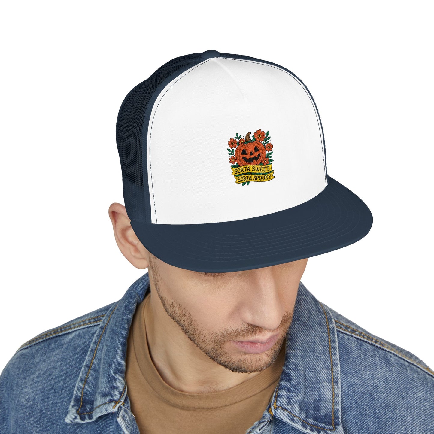 Cute Pumpkin Design – Sorta Sweet, Sorta Spooky Halloween Artwork 5 Panel Trucker
