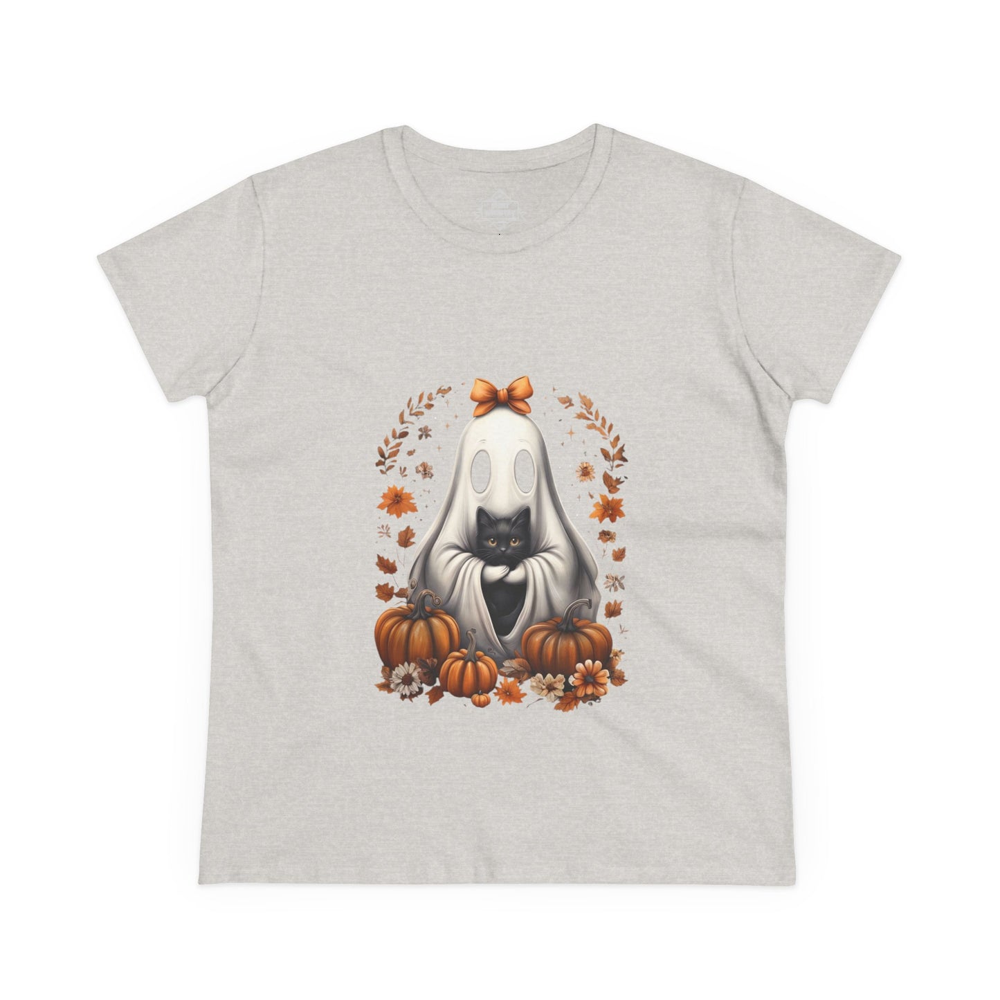 Cute Ghost and Black Cat Halloween T-Shirt | Cozy Fall Pumpkin Shirt | Spooky Season Aesthetic Apparel Gift for Halloween Lovers