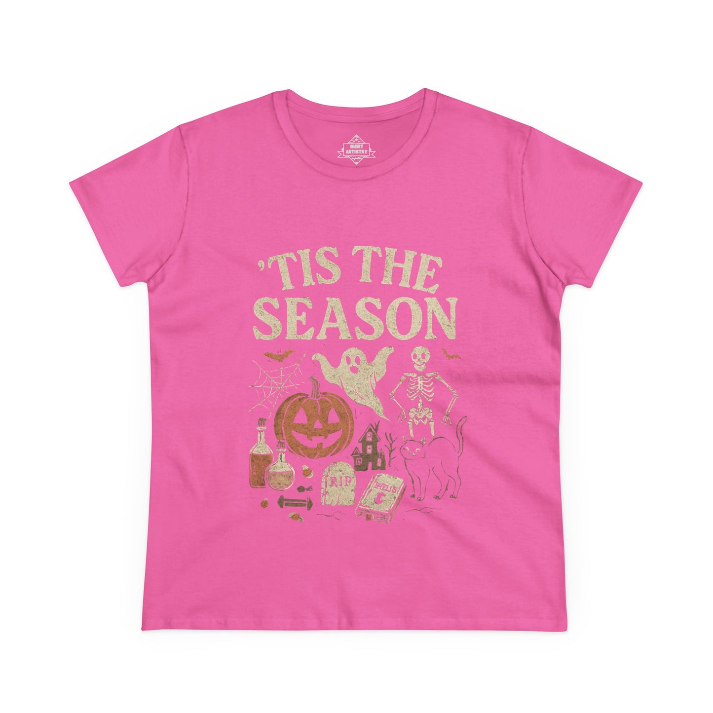 ‘Tis the Season Halloween T‑Shirt | Vintage Spooky Season Shirt with Ghost, Skeleton & Pumpkin | Retro Halloween Graphic Tee for Fall