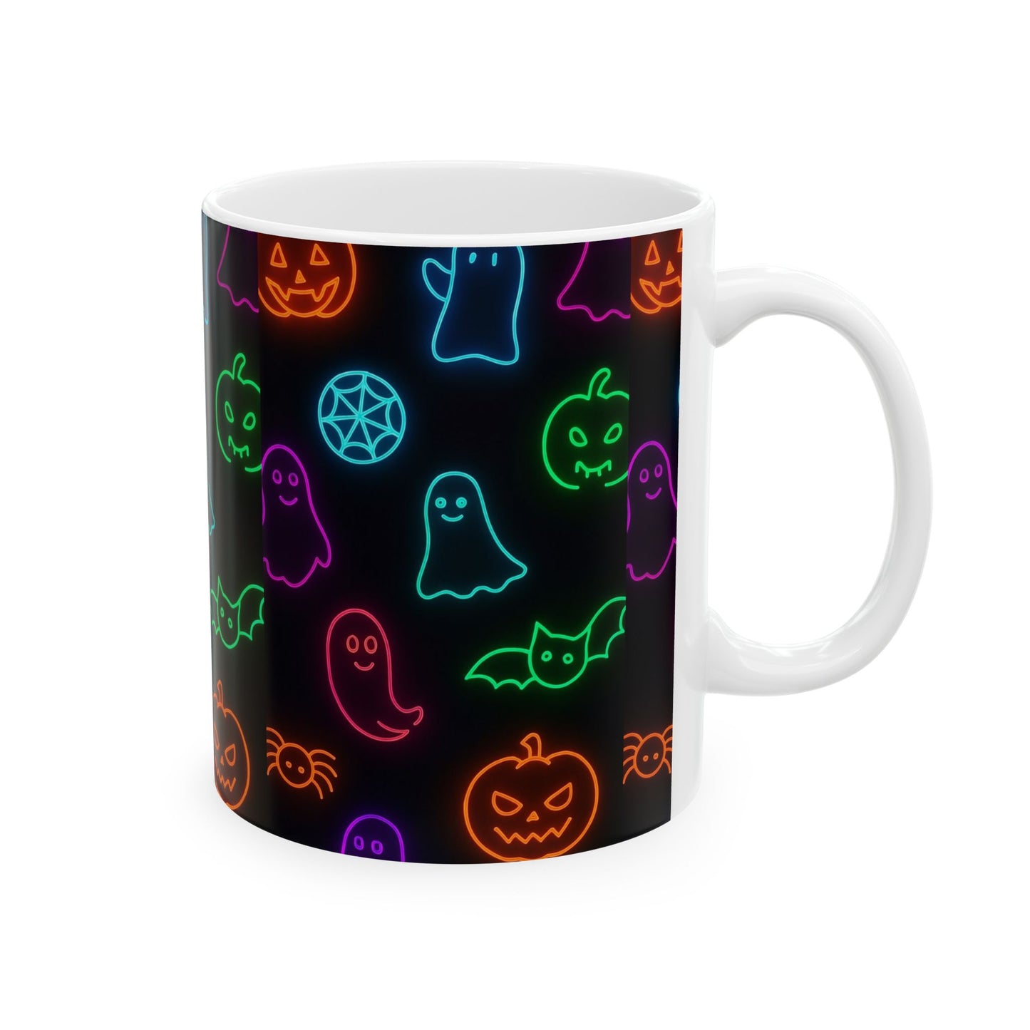 Neon Halloween Pattern | Cute Ghosts, Pumpkins & Bats Glow Design Ceramic Mug