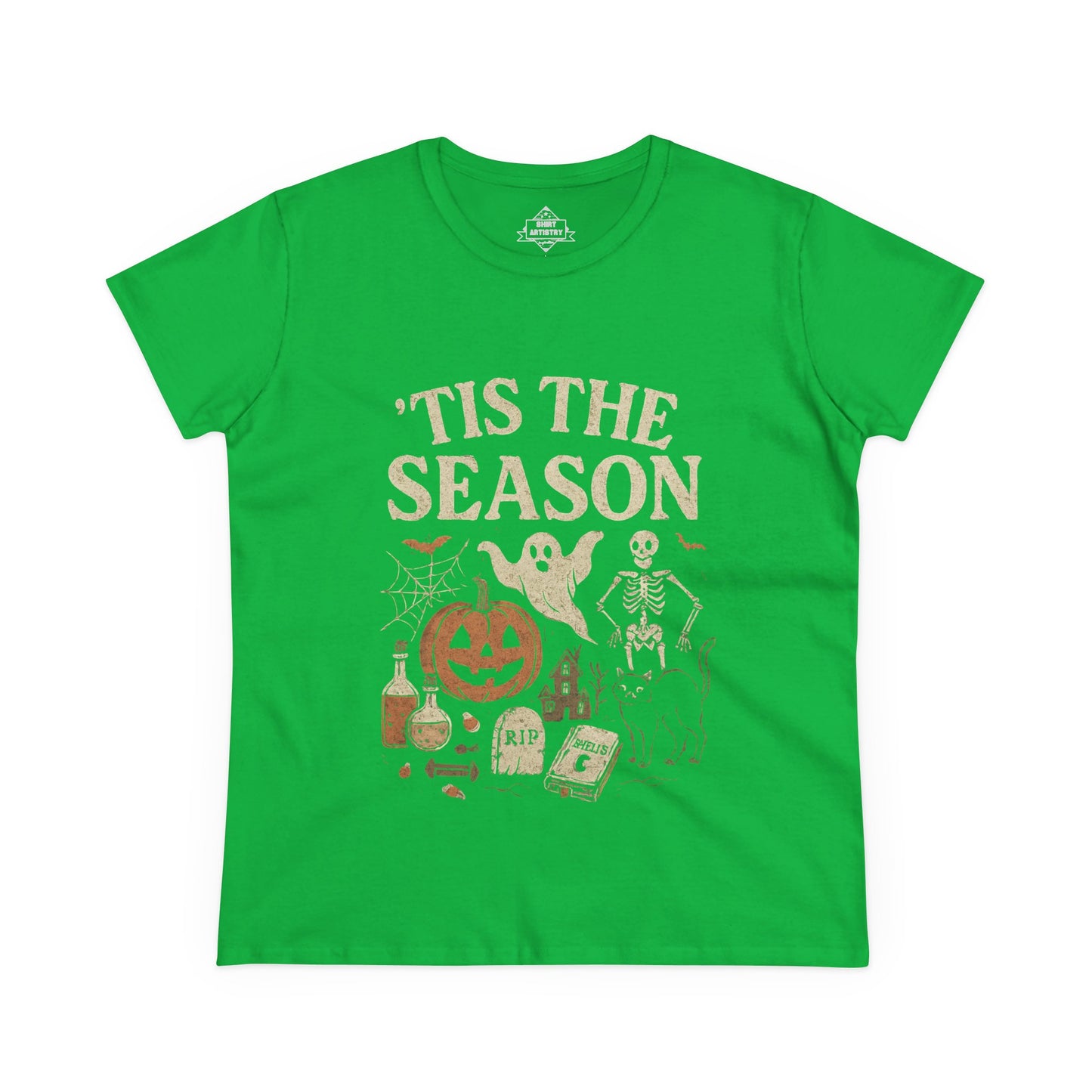 ‘Tis the Season Halloween T‑Shirt | Vintage Spooky Season Shirt with Ghost, Skeleton & Pumpkin | Retro Halloween Graphic Tee for Fall