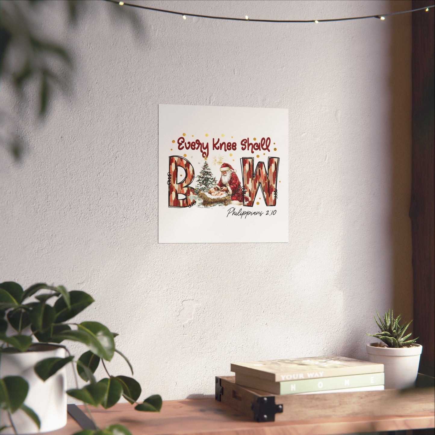 Every Knee Shall Bow Philippians 2:10 | Christian Christmas Design with Santa & Baby Jesus | Faith-Based Holiday Gift Poster