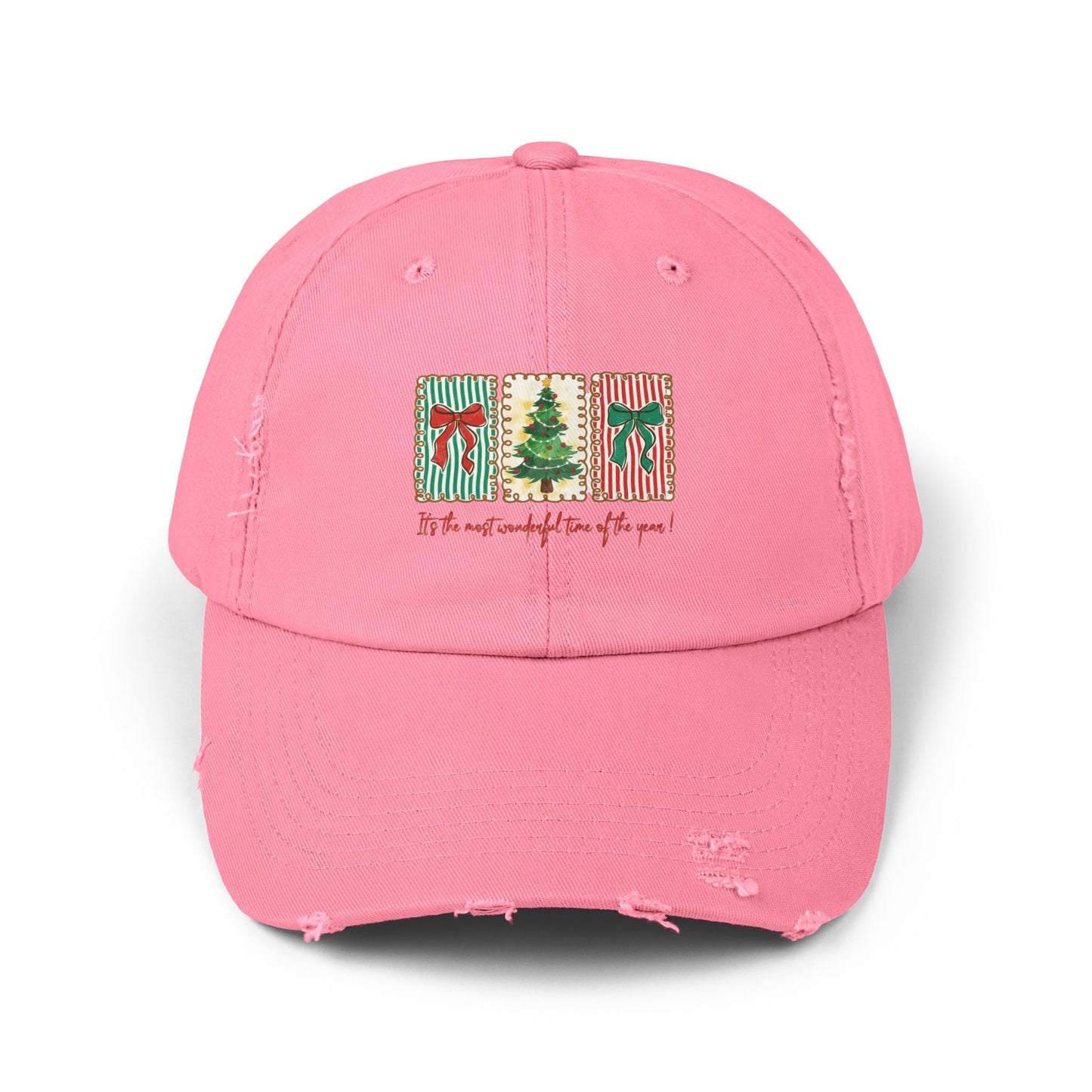 Festive Christmas Tree & Bow Design | It’s the Most Wonderful Time of the Year – Holiday Shirt, Mug, Tote & Home Decor Distressed cap
