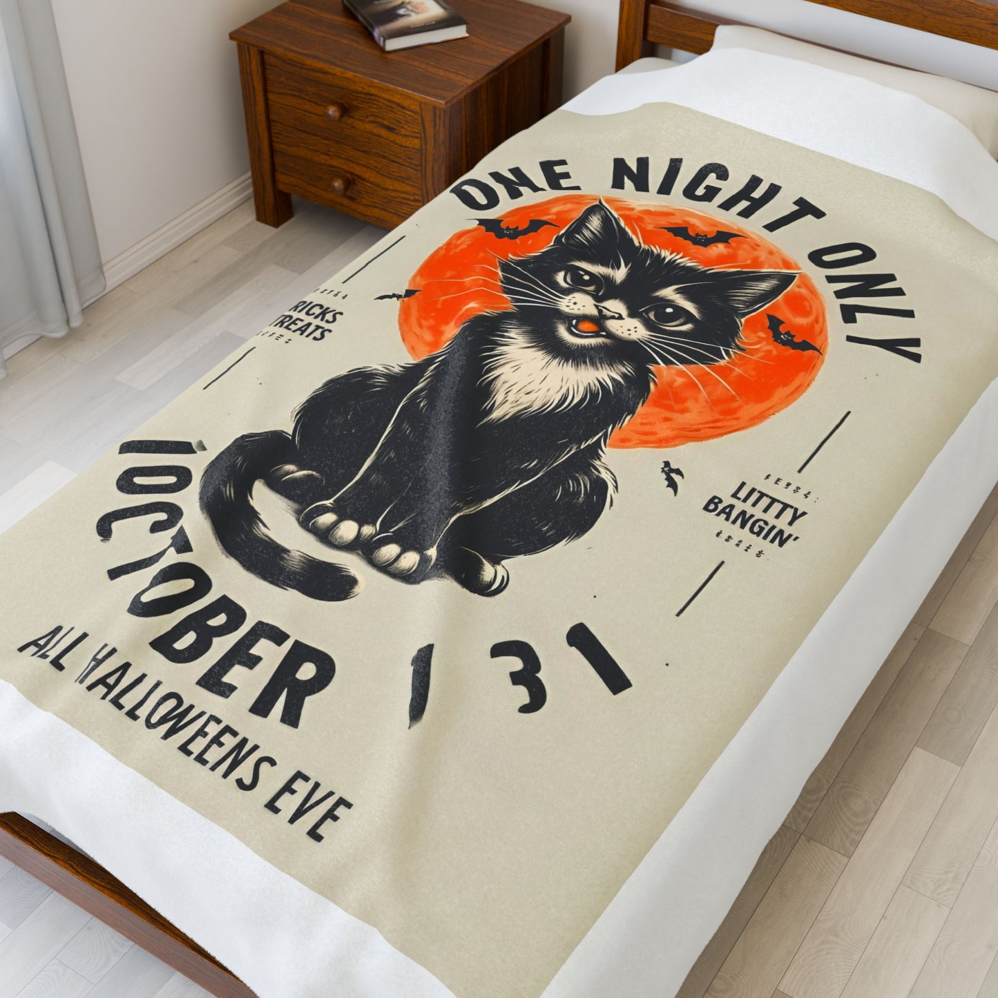 Halloween Black Cat Design | One Night Only October 31 Vintage Artwork Blanket