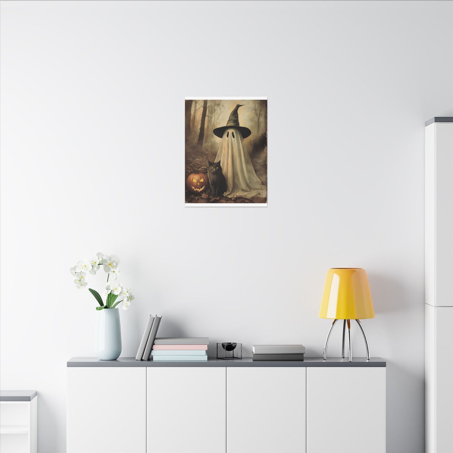 Halloween Ghost Art Canvas Print, Spooky Home Decor, Cat & Pumpkin Wall Art, Witchy Vibe, Fall Season Decoration, Trick or Treat, Canvas Print