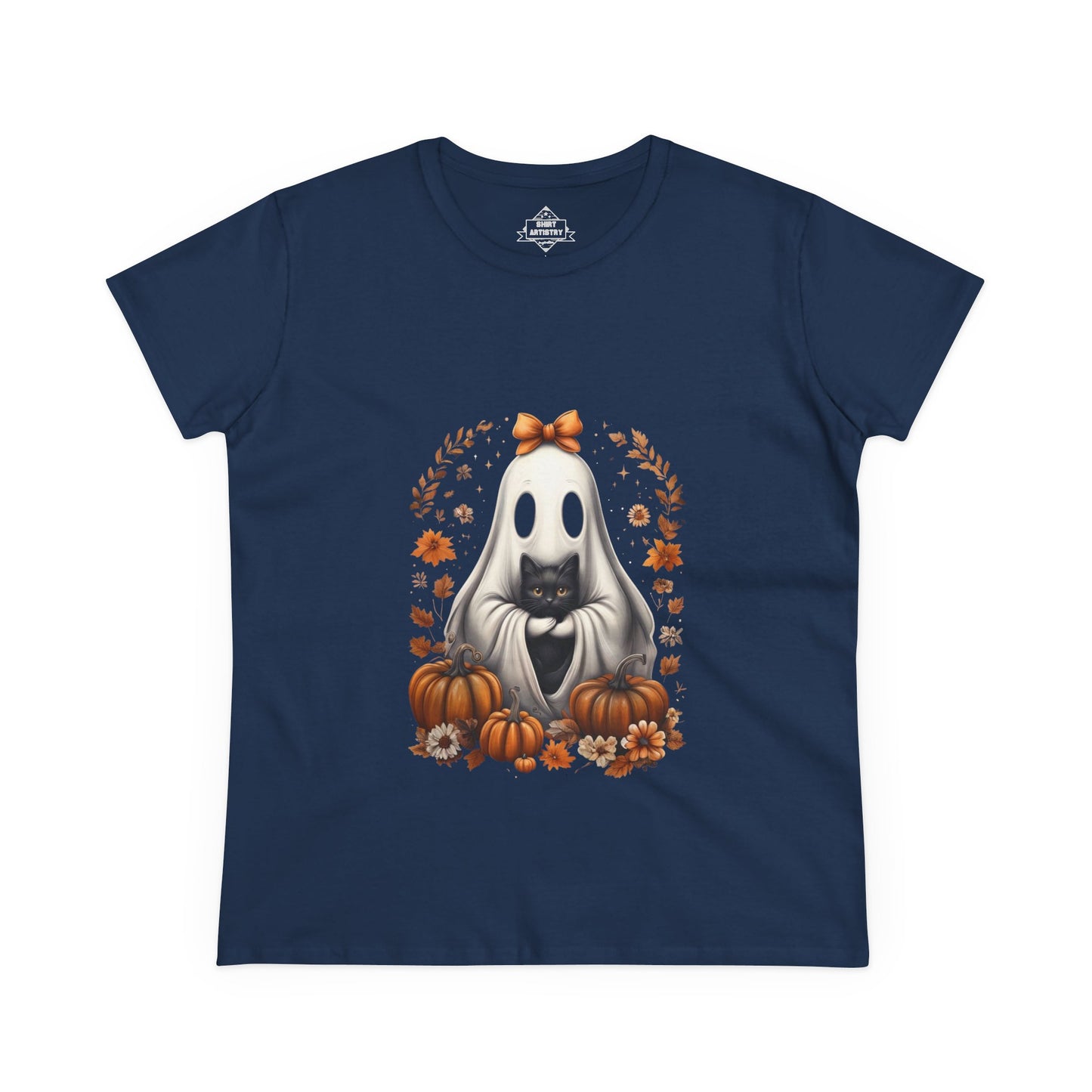 Cute Ghost and Black Cat Halloween T-Shirt | Cozy Fall Pumpkin Shirt | Spooky Season Aesthetic Apparel Gift for Halloween Lovers