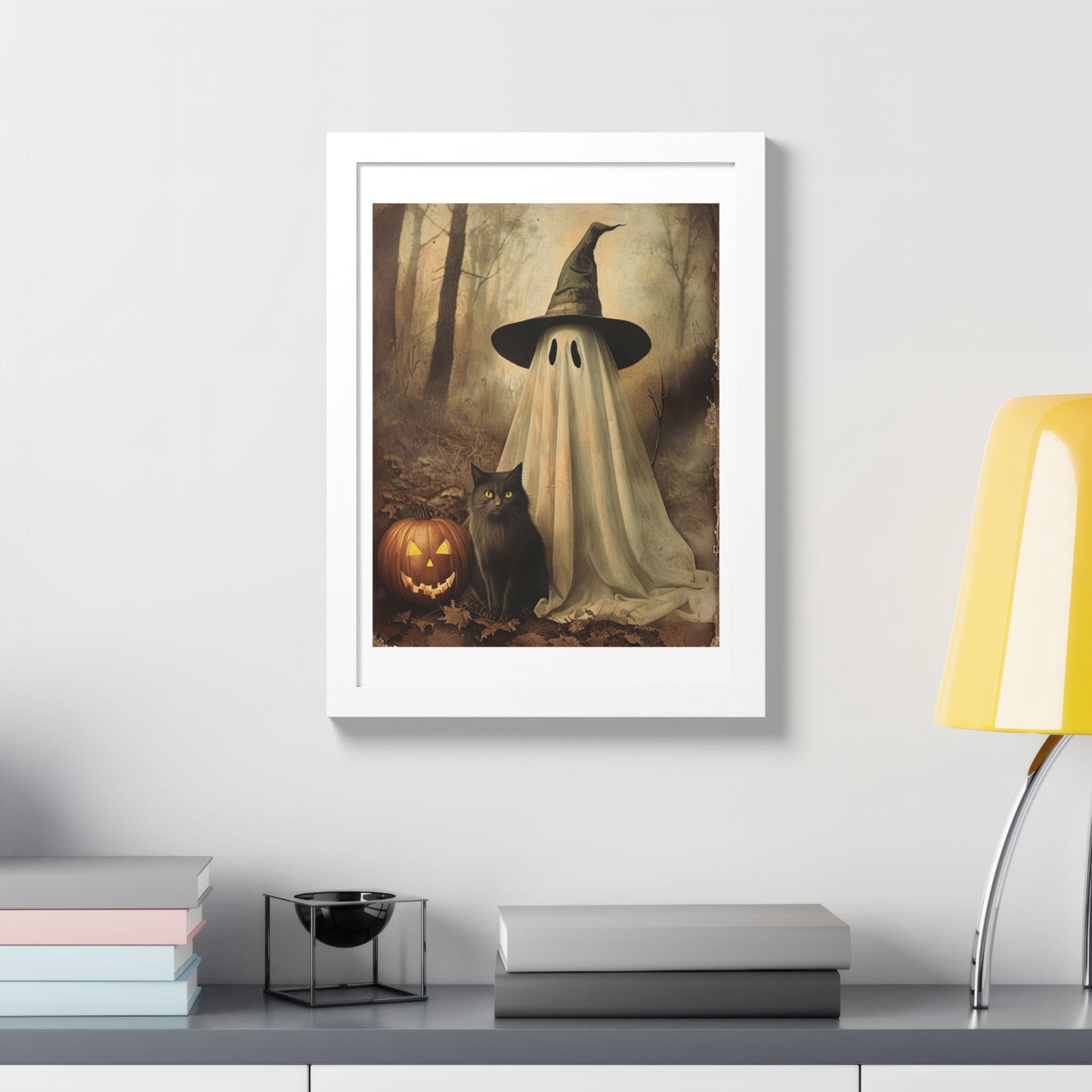 Halloween Framed Poster, Ghost and Cat Art, Spooky Home Decor, Fall Decoration, Trick or Treat, Halloween Wall Art, Framed Print