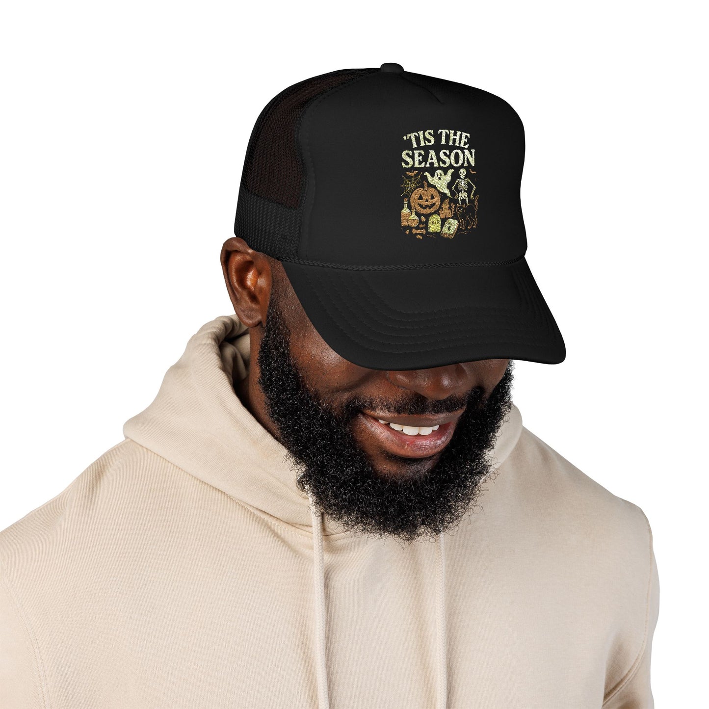 ‘Tis the Season Halloween T‑Shirt | Vintage Spooky Season Shirt with Ghost, Skeleton & Pumpkin | Retro Halloween Graphic Tee for Fall Trucker Hat Embroidered