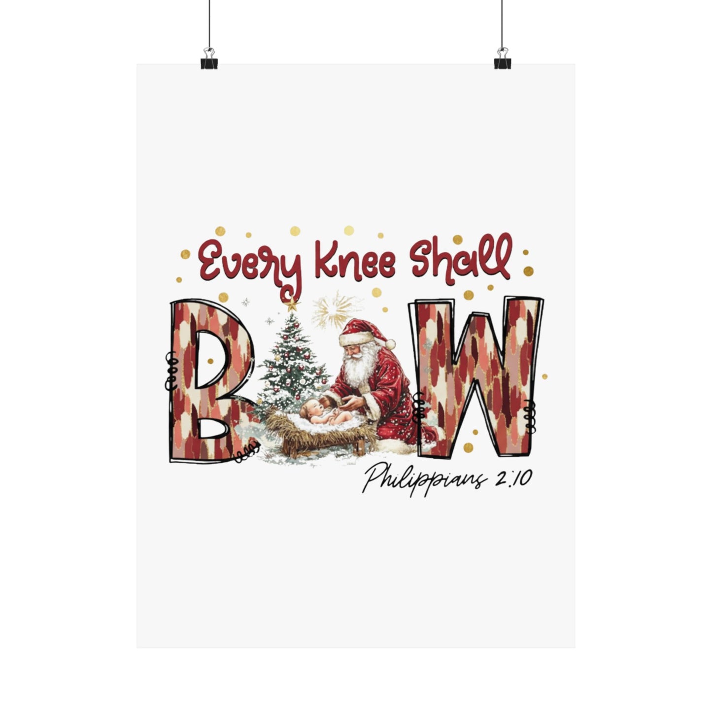 Every Knee Shall Bow Philippians 2:10 | Christian Christmas Design with Santa & Baby Jesus | Faith-Based Holiday Gift Poster