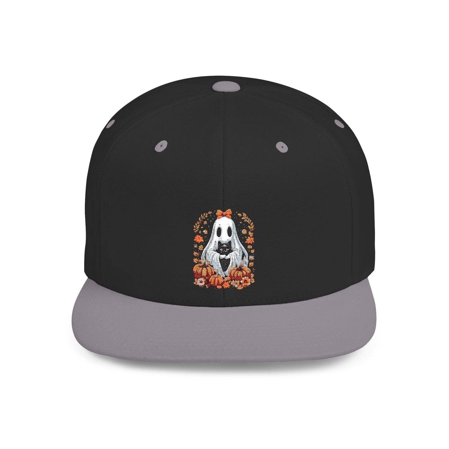 Cute Ghost and Black Cat Halloween T-Shirt | Cozy Fall Pumpkin Shirt | Spooky Season Aesthetic Apparel Gift for Halloween Lovers Snapback Cap