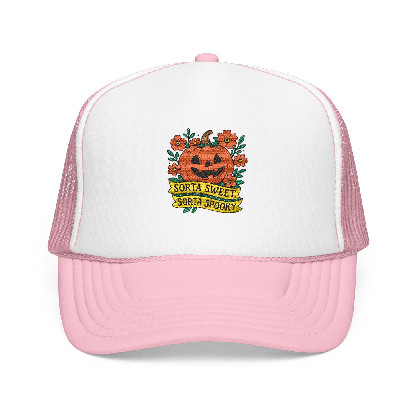Cute Pumpkin Design – Sorta Sweet, Sorta Spooky Halloween Artwork Trucker Hat Embroidered