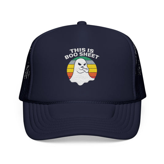 This Is Boo Sheet Funny Halloween T‑Shirt | Sarcastic Ghost Shirt for Spooky Season | Retro Ghost Graphic Tee for Men & Women Trucker Hat Embroidered