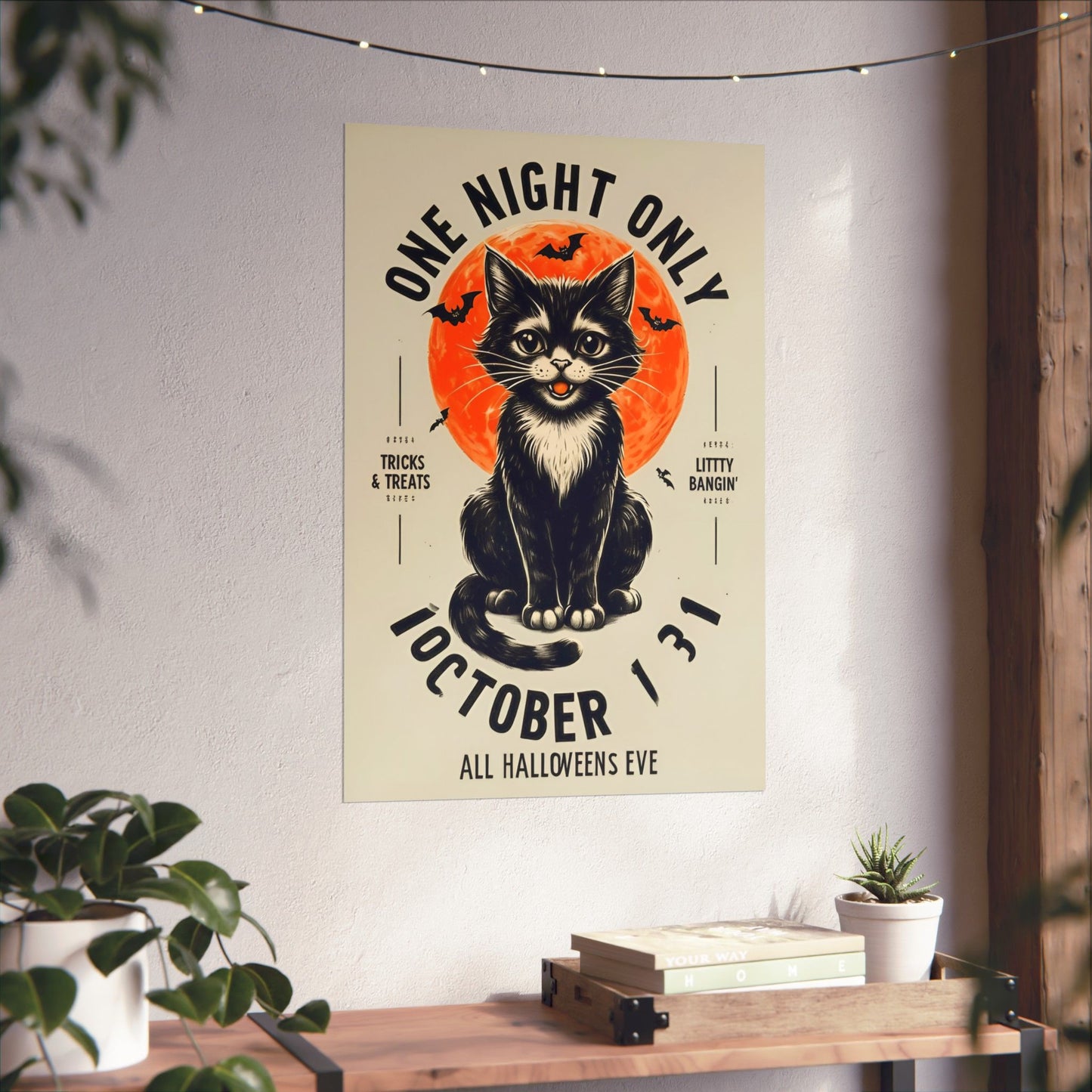Halloween Black Cat Design | One Night Only October 31 Vintage Artwork Design Poster