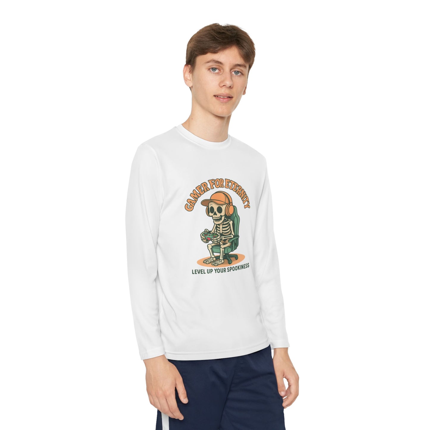 Youth Long Sleeve Gamer Tee | Spooky Skeleton Theme, Perfect for Halloween or Gaming Events, Kids Graphic Shirt, Unisex Casual Wear, Kids Long Sleeves