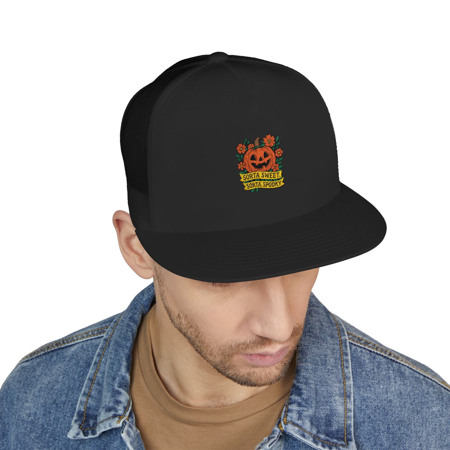 Cute Pumpkin Design – Sorta Sweet, Sorta Spooky Halloween Artwork 5 Panel Trucker