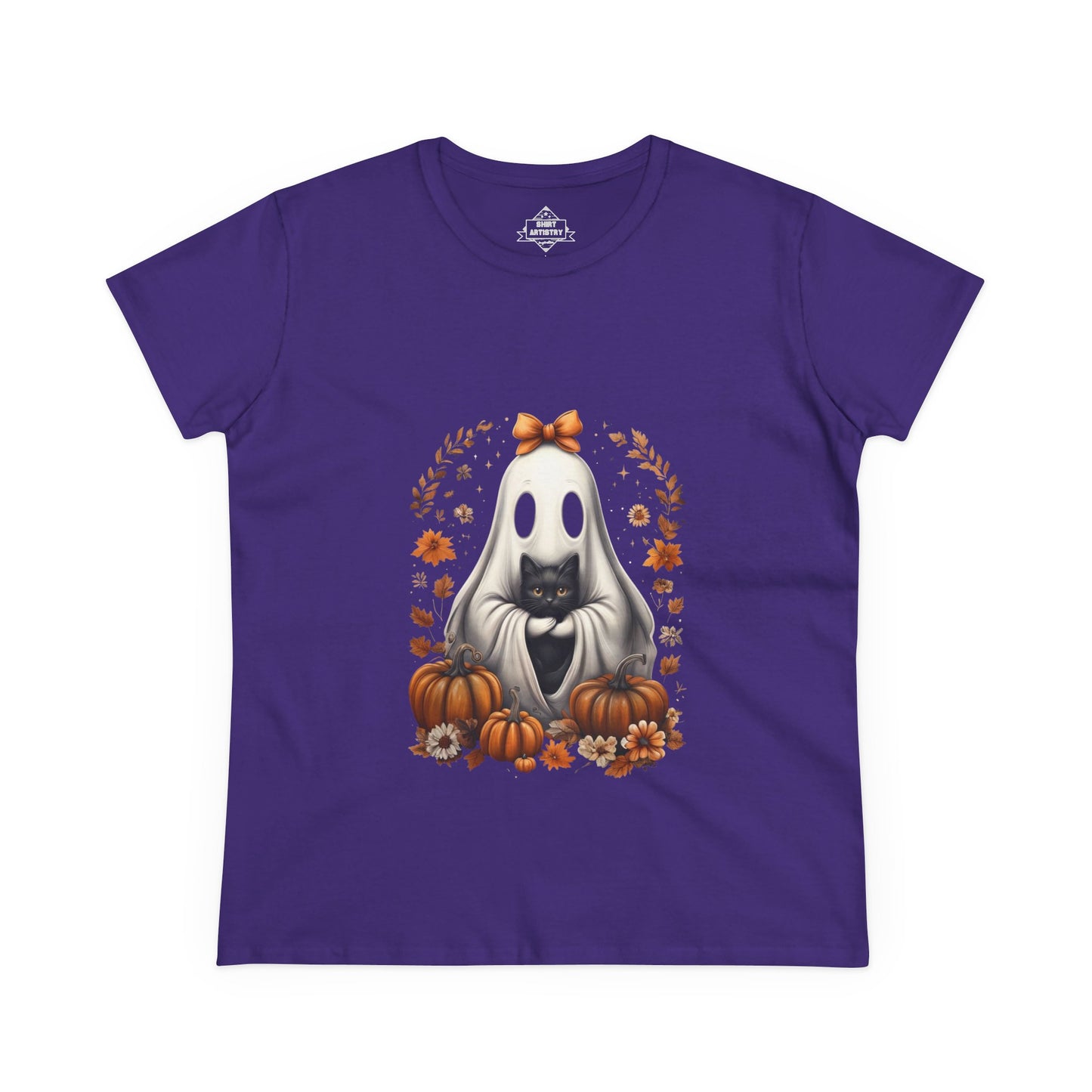 Cute Ghost and Black Cat Halloween T-Shirt | Cozy Fall Pumpkin Shirt | Spooky Season Aesthetic Apparel Gift for Halloween Lovers